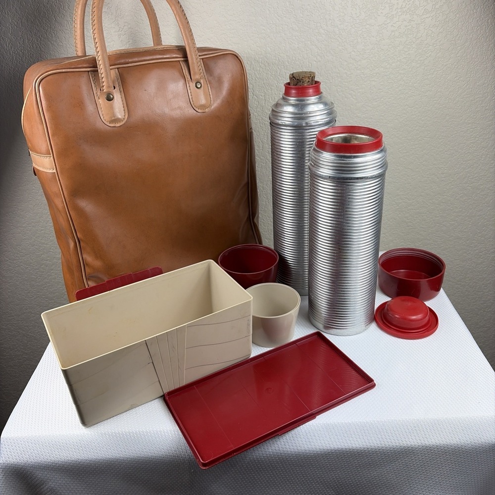 Vintage -Thermos Outing Kit, No.2484- Dual 5486 Quart Thermos, Sandwich Case,Bag